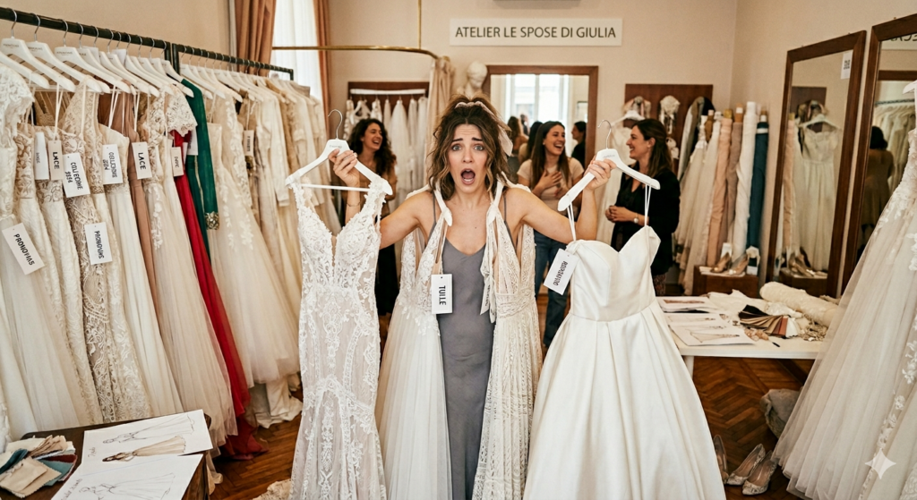 Illustrazione: la sposa confusa davanti a tanti abiti da sposa